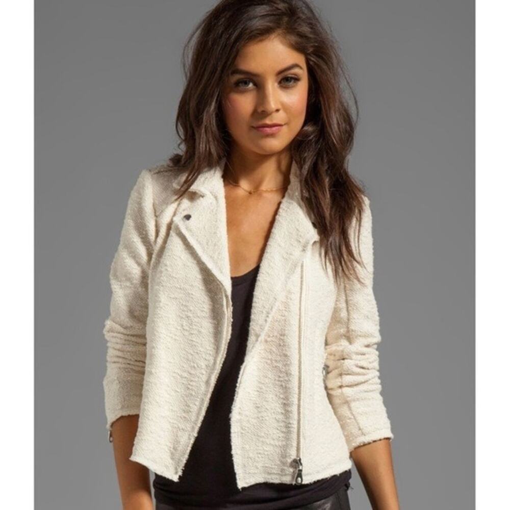 Rebecca Taylor Boucle Moto Jacket SIZE 2 Ivory Zip Front Pockets Zipper Sleeve